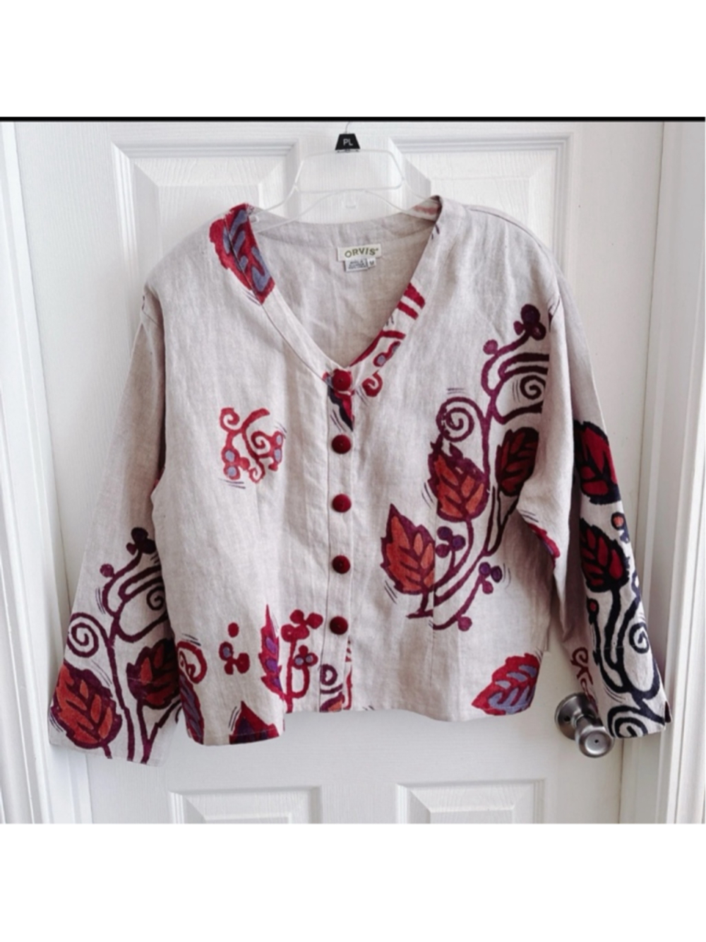 Orvis 100% Linen Modern Boho Artsy Scandinavian Folk Button Front Top - Picture 3 of 6